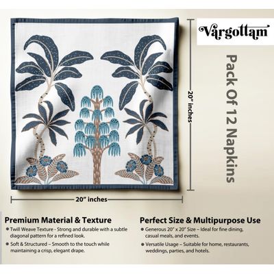 Guardanapos Brancos de Sarja de Algodão 51 cm, Conjunto de 12, Design Tropical, Tecido Grosso, Absorventes, Laváveis à Máquina - Vargottam 50,8 Cm × 50,8 Cm – Pacote Com 12 Peças / Branco