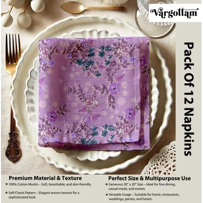 Guardanapos de Muselina de Algodão Jardim de Lavanda, Conjunto de 12, 51x51 cm, Estampa Floral, Lavável à Máquina - Vargottam 50,8 Cm × 50,8 Cm – Pacote Com 12 Peças / Roxo