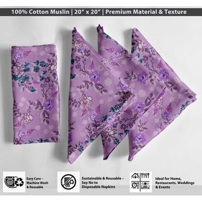 Guardanapos de Muselina de Algodão Jardim de Lavanda, Conjunto de 12, 51x51 cm, Estampa Floral, Lavável à Máquina - Vargottam 50,8 Cm × 50,8 Cm – Pacote Com 12 Peças / Roxo