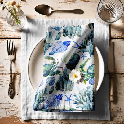 Guardanapos de Algodão Canvas, Conjunto de 12 (51 cm), Azul Praiano, Estampa Marinha Elegante, Absorventes, Laváveis à Máquina - Vargottam 50,8 Cm × 50,8 Cm – Pacote Com 12 Peças / Azul