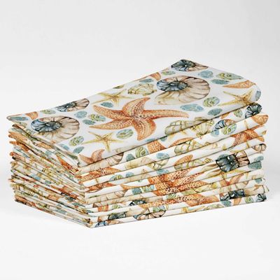Jogo de 12 Guardanapos Luxo de Lona de Algodão 51cm Costeira Tropical Pêssego Estrela do Mar e Concha, Absorventes e Laváveis - Vargottam 50,8 Cm × 50,8 Cm – Pacote Com 12 Peças / Pêssego