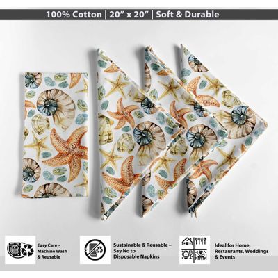 Jogo de 12 Guardanapos Luxo de Lona de Algodão 51cm Costeira Tropical Pêssego Estrela do Mar e Concha, Absorventes e Laváveis - Vargottam 50,8 Cm × 50,8 Cm – Pacote Com 12 Peças / Pêssego