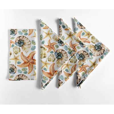 Jogo de 12 Guardanapos Luxo de Lona de Algodão 51cm Costeira Tropical Pêssego Estrela do Mar e Concha, Absorventes e Laváveis - Vargottam 50,8 Cm × 50,8 Cm – Pacote Com 12 Peças / Pêssego
