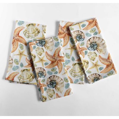 Jogo de 12 Guardanapos Luxo de Lona de Algodão 51cm Costeira Tropical Pêssego Estrela do Mar e Concha, Absorventes e Laváveis - Vargottam 50,8 Cm × 50,8 Cm – Pacote Com 12 Peças / Pêssego