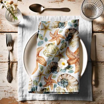 Jogo de 12 Guardanapos Luxo de Lona de Algodão 51cm Costeira Tropical Pêssego Estrela do Mar e Concha, Absorventes e Laváveis - Vargottam 50,8 Cm × 50,8 Cm – Pacote Com 12 Peças / Pêssego