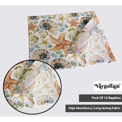 Jogo de 12 Guardanapos Luxo de Lona de Algodão 51cm Costeira Tropical Pêssego Estrela do Mar e Concha, Absorventes e Laváveis - Vargottam 50,8 Cm × 50,8 Cm – Pacote Com 12 Peças / Pêssego