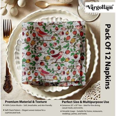 Kit 12 Guardanapos de Musselina de Algodão, Estampa de Pássaros e Frutas, 51x51 cm, para Primavera/Verão, Laváveis à Máquina - Vargottam 50,8 Cm × 50,8 Cm – Pacote Com 12 Peças / Verde