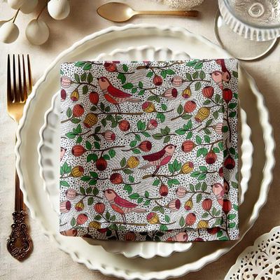 Kit 12 Guardanapos de Musselina de Algodão, Estampa de Pássaros e Frutas, 51x51 cm, para Primavera/Verão, Laváveis à Máquina - Vargottam 50,8 Cm × 50,8 Cm – Pacote Com 12 Peças / Verde