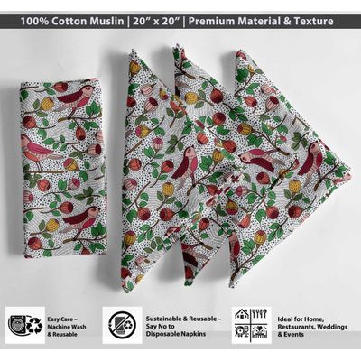 Kit 12 Guardanapos de Musselina de Algodão, Estampa de Pássaros e Frutas, 51x51 cm, para Primavera/Verão, Laváveis à Máquina - Vargottam 50,8 Cm × 50,8 Cm – Pacote Com 12 Peças / Verde