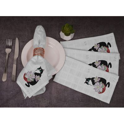 Guardanapos de Jantar Estampa Gato e Lótus, Qualidade Premium, 100% Algodão, Conjunto Reutilizável 4 Unid., 51x51 cm, Branco 13 - Vargottam 50,8 Cm × 50,8 Cm – Pacote Com 12 Peças / Branco