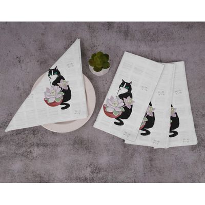 Guardanapos de Jantar Estampa Gato e Lótus, Qualidade Premium, 100% Algodão, Conjunto Reutilizável 4 Unid., 51x51 cm, Branco 13 - Vargottam 50,8 Cm × 50,8 Cm – Pacote Com 12 Peças / Branco