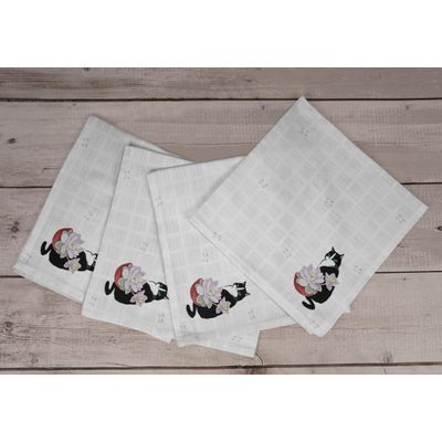 Guardanapos de Jantar Estampa Gato e Lótus, Qualidade Premium, 100% Algodão, Conjunto Reutilizável 4 Unid., 51x51 cm, Branco 13 - Vargottam 50,8 Cm × 50,8 Cm – Pacote Com 12 Peças / Branco