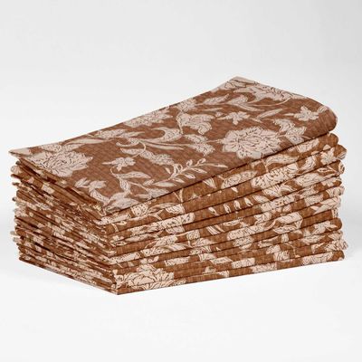 Guardanapos de Algodão 51×51cm 4un. Estampa Floral Rústica Marrom Étnica p/ Fazenda, Festas Prim/Verão, Uso Diário, Lavável - Vargottam 50,8 Cm × 50,8 Cm – Pacote Com 12 Peças / Marrom