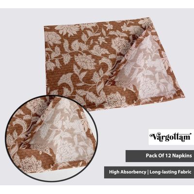 Guardanapos de Algodão 51×51cm 4un. Estampa Floral Rústica Marrom Étnica p/ Fazenda, Festas Prim/Verão, Uso Diário, Lavável - Vargottam 50,8 Cm × 50,8 Cm – Pacote Com 12 Peças / Marrom