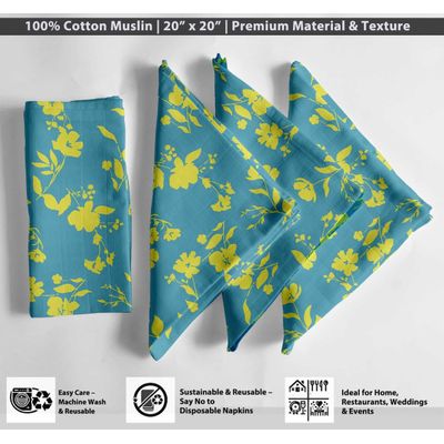 Guardanapos de Musselina de Algodão Verde-Azulado, Conjunto de 12, 51x51 cm, Floral Amarelo Ensolarado, Lavável à Máquina - Vargottam 50,8 Cm × 50,8 Cm – Pacote Com 12 Peças / Azul