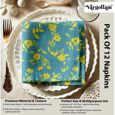 Guardanapos de Musselina de Algodão Verde-Azulado, Conjunto de 12, 51x51 cm, Floral Amarelo Ensolarado, Lavável à Máquina - Vargottam 50,8 Cm × 50,8 Cm – Pacote Com 12 Peças / Azul