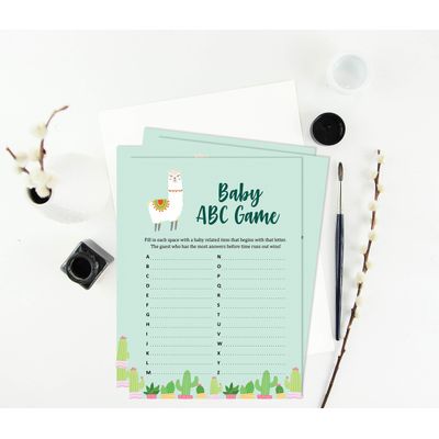 Kit com 50 Jogos para Chá de Bebê: Jogo Alfabeto ABC Tema Lhama, Unissex, Suprimentos para Festa - Inkdotpot 12,7 Cm × 17,78 Cm / Verde - Jogo do Alfabeto