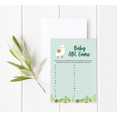 Kit com 50 Jogos para Chá de Bebê: Jogo Alfabeto ABC Tema Lhama, Unissex, Suprimentos para Festa - Inkdotpot 12,7 Cm × 17,78 Cm / Verde - Jogo do Alfabeto