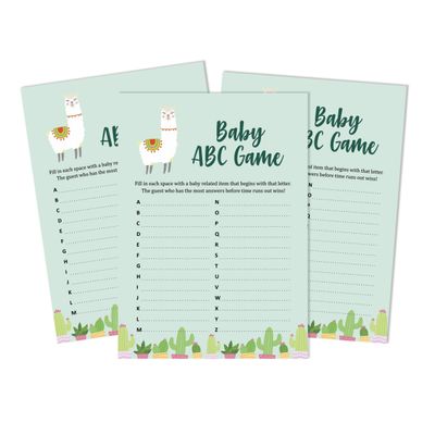Kit com 50 Jogos para Chá de Bebê: Jogo Alfabeto ABC Tema Lhama, Unissex, Suprimentos para Festa - Inkdotpot 12,7 Cm × 17,78 Cm / Verde - Jogo do Alfabeto