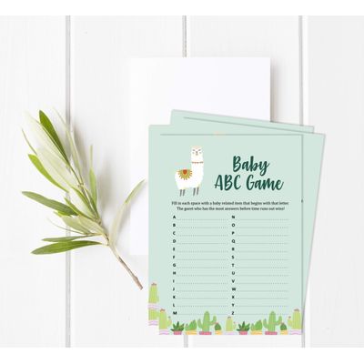 Kit com 50 Jogos para Chá de Bebê: Jogo Alfabeto ABC Tema Lhama, Unissex, Suprimentos para Festa - Inkdotpot 12,7 Cm × 17,78 Cm / Verde - Jogo do Alfabeto