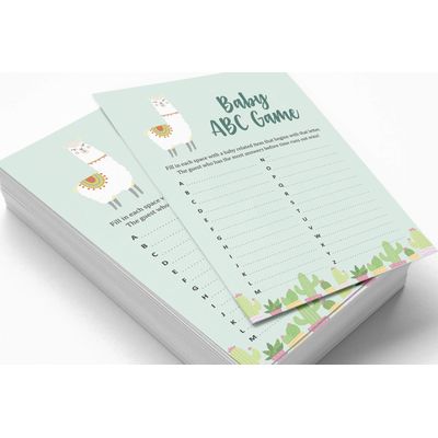 Kit com 50 Jogos para Chá de Bebê: Jogo Alfabeto ABC Tema Lhama, Unissex, Suprimentos para Festa - Inkdotpot 12,7 Cm × 17,78 Cm / Verde - Jogo do Alfabeto