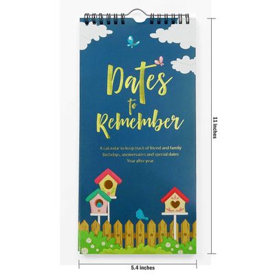 Calendário Perpétuo Casinha de Pássaro para Parede, Lembrete de Aniversário e Eventos, Folha Dourada, Diário/Organizador/Cartão - Inkdotpot 27,94 Cm × 13,72 Cm / Azul