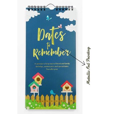 Calendário Perpétuo Casinha de Pássaro para Parede, Lembrete de Aniversário e Eventos, Folha Dourada, Diário/Organizador/Cartão - Inkdotpot 27,94 Cm × 13,72 Cm / Azul