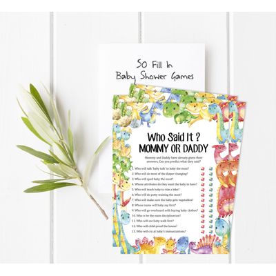 Conjunto para Chá de Bebê com 50 Cartões ABC (Dinossauro e Animais da Selva) Suprimentos para Festa - Inkdotpot 12,7 Cm × 17,78 Cm / Branco - Quem Disse Isso: Mamãe ou Papai?