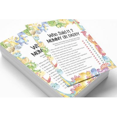 Conjunto para Chá de Bebê com 50 Cartões ABC (Dinossauro e Animais da Selva) Suprimentos para Festa - Inkdotpot 12,7 Cm × 17,78 Cm / Branco - Quem Disse Isso: Mamãe ou Papai?