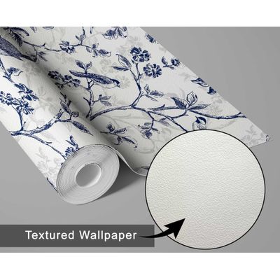 Papel de Parede Autoadesivo Vintage Pássaro e Flor Azul, Vinil Removível DIY para Parede de Entrada, Solução Fácil - S4sassy 63,5 cm (L) × 914,4 cm (C) / Azul - Vinil Texturizado