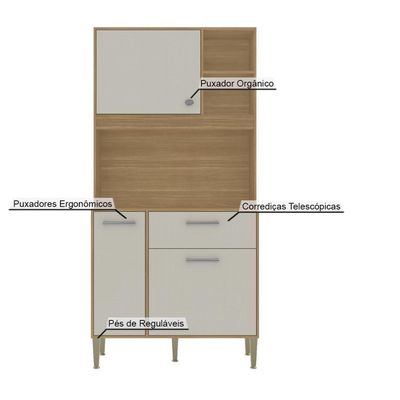 Armário De Cozinha Compacto Zen 3 Portas 1 Gaveta Com Nicho Decorativo 0,90m - Freijó/soft