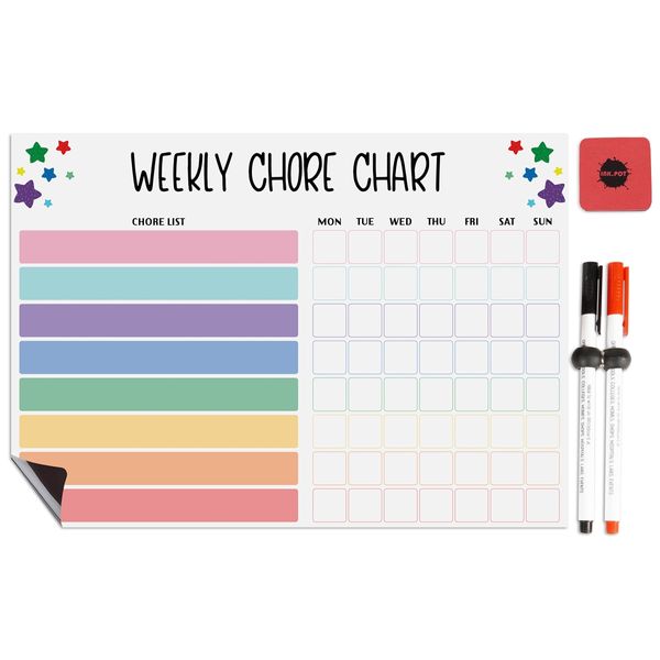 Quadro Magnético Semanal para Geladeira, Comportamento e Responsabilidade Infantil Apagável com 2 Canetas Ponta Fina e Apagador - Inkdotpot 21,59 Cm × 27,94 Cm / Multicolorido