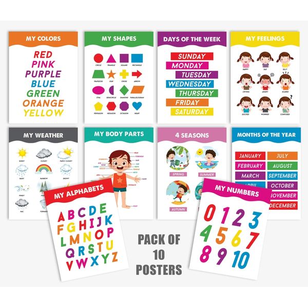 Traceease 10 Cartazes Laminados para Sala de Aula e Ensino em Casa Pré-Escolar, Alfabeto, Números, Emoções, Cores, Partes do Corpo - S4Sassy 22,86 Cm × 30,48 Cm / Multicolorido
