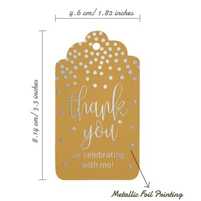 Etiquetas para Pendurar em Papel Metalizado 'Obrigado por Celebrar Comigo' para Lembrancinhas de Aniversário - Inkdotpot 100 Etiquetas Metalizadas / Dourado - Prata