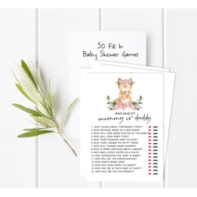 Conjunto de 50 Cartões Alfabeto ABC para Chá de Bebê Tema Raposa Unissex, Itens para Festa - Inkdotpot 12,7 Cm × 17,78 Cm / Branco - Quem Disse Isso: Mamãe ou Papai?