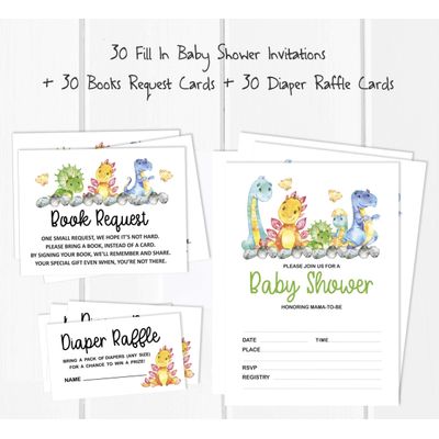 30 Cartões para Chá de Bebê Tema Dinossauros Animais da Selva com Campos para Preencher - Inkdotpot 12,7 Cm × 17,78 Cm / Branco - Conjunto