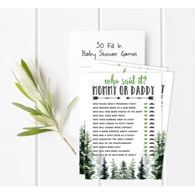 50 Cartões ABC do Alfabeto para Chá de Bebê, Tema Folhagens, Suprimentos para Festa Maior Aventura - Inkdotpot 12,7 Cm × 17,78 Cm / Branco - Quem Disse Isso: Mamãe ou Papai?