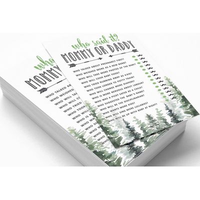 50 Cartões ABC do Alfabeto para Chá de Bebê, Tema Folhagens, Suprimentos para Festa Maior Aventura - Inkdotpot 12,7 Cm × 17,78 Cm / Branco - Quem Disse Isso: Mamãe ou Papai?