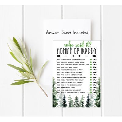 50 Cartões ABC do Alfabeto para Chá de Bebê, Tema Folhagens, Suprimentos para Festa Maior Aventura - Inkdotpot 12,7 Cm × 17,78 Cm / Branco - Quem Disse Isso: Mamãe ou Papai?