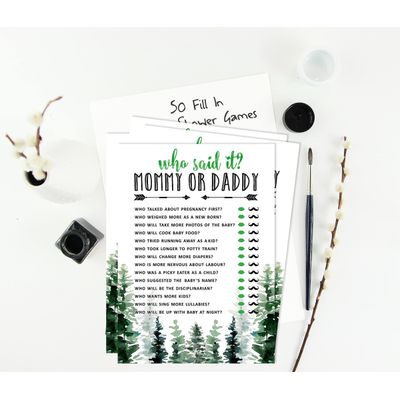 50 Cartões ABC do Alfabeto para Chá de Bebê, Tema Folhagens, Suprimentos para Festa Maior Aventura - Inkdotpot 12,7 Cm × 17,78 Cm / Branco - Quem Disse Isso: Mamãe ou Papai?