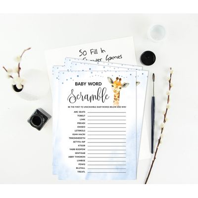 Conjunto com 50 Jogos para Chá de Bebê, Jogo Alfabeto ABC com Girafa e Animais da Selva, Suprimentos para Festa - Inkdotpot 12,7 Cm × 17,78 Cm / Azul - Jogo de Palavras do Bebê