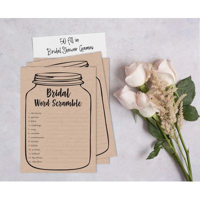 30 Convites em Branco Estilo Pote Mason Kraft Rústico para Chá de Noiva - Inkdotpot 12,7 Cm × 17,78 Cm / Bege - Jogo de Palavras da Noiva