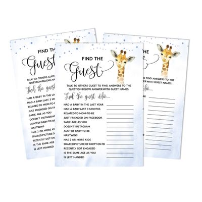 Conjunto com 50 Jogos para Chá de Bebê, Jogo Alfabeto ABC com Girafa e Animais da Selva, Suprimentos para Festa - Inkdotpot 12,7 Cm × 17,78 Cm / Azul - Encontre o Convidado