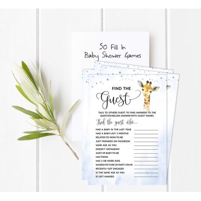 Conjunto com 50 Jogos para Chá de Bebê, Jogo Alfabeto ABC com Girafa e Animais da Selva, Suprimentos para Festa - Inkdotpot 12,7 Cm × 17,78 Cm / Azul - Encontre o Convidado