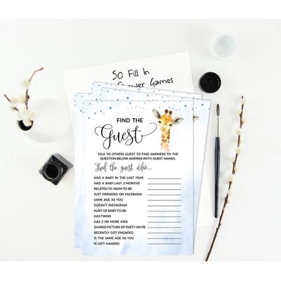Conjunto com 50 Jogos para Chá de Bebê, Jogo Alfabeto ABC com Girafa e Animais da Selva, Suprimentos para Festa - Inkdotpot 12,7 Cm × 17,78 Cm / Azul - Encontre o Convidado