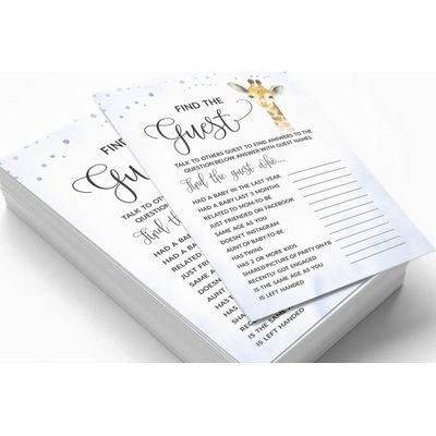 Conjunto com 50 Jogos para Chá de Bebê, Jogo Alfabeto ABC com Girafa e Animais da Selva, Suprimentos para Festa - Inkdotpot 12,7 Cm × 17,78 Cm / Azul - Encontre o Convidado
