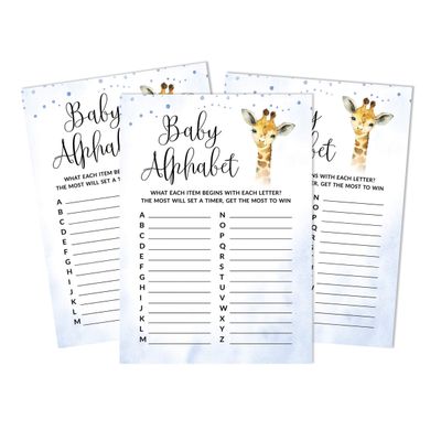 Conjunto com 50 Jogos para Chá de Bebê, Jogo Alfabeto ABC com Girafa e Animais da Selva, Suprimentos para Festa - Inkdotpot 12,7 Cm × 17,78 Cm / Azul - Encontre o Convidado