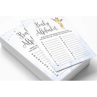 Conjunto com 50 Jogos para Chá de Bebê, Jogo Alfabeto ABC com Girafa e Animais da Selva, Suprimentos para Festa - Inkdotpot 12,7 Cm × 17,78 Cm / Azul - Encontre o Convidado