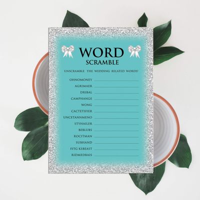 50 Cartões de Jogo Nupciais com Glitter para Chá de Noiva e Despedida de Solteira Atacado, Quadrados em Branco para Preencher - Inkdotpot 12,7 Cm × 17,78 Cm / Azul - Jogo de Palavras da Noiva