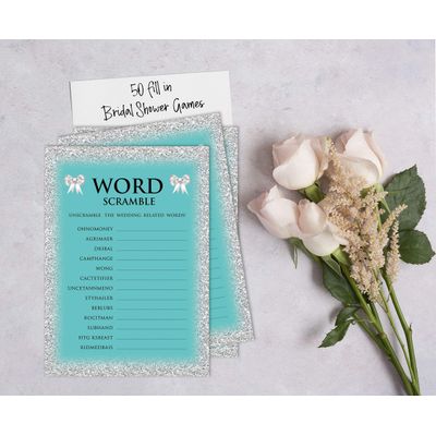50 Cartões de Jogo Nupciais com Glitter para Chá de Noiva e Despedida de Solteira Atacado, Quadrados em Branco para Preencher - Inkdotpot 12,7 Cm × 17,78 Cm / Azul - Jogo de Palavras da Noiva